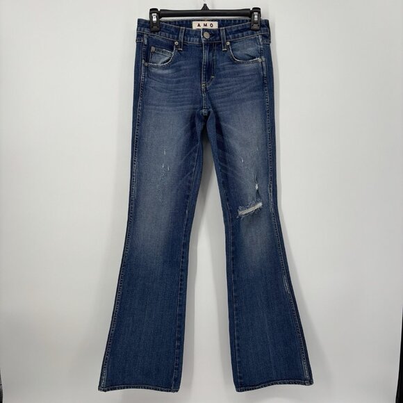 Amo Kick Dive Bar Destroy Jeans Medium Wash Womens Size 25 Bootcut Flare - Picture 1 of 13